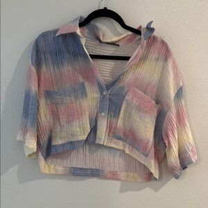 Zara Pink and Blue Boxy Crop Button Down Shirt